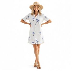 Calypso St. Barth Linen Blend Embroidered Palm Tree Shirt Dress Pockets Small